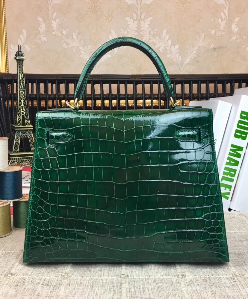 Hermes Kelly Bag 32 Crocodile leather Green - Image 6