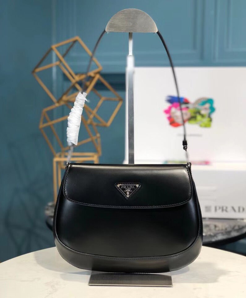 Prada Cleo brushed leather shoulder bag with flap 1BD311 Black - Image 2