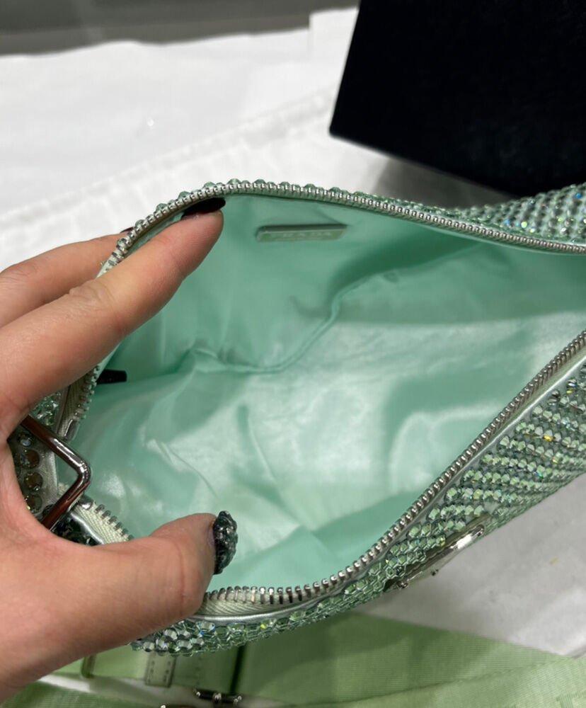 Prada Crystal-studded Satin Pouch 1NQ044 Green - Image 10