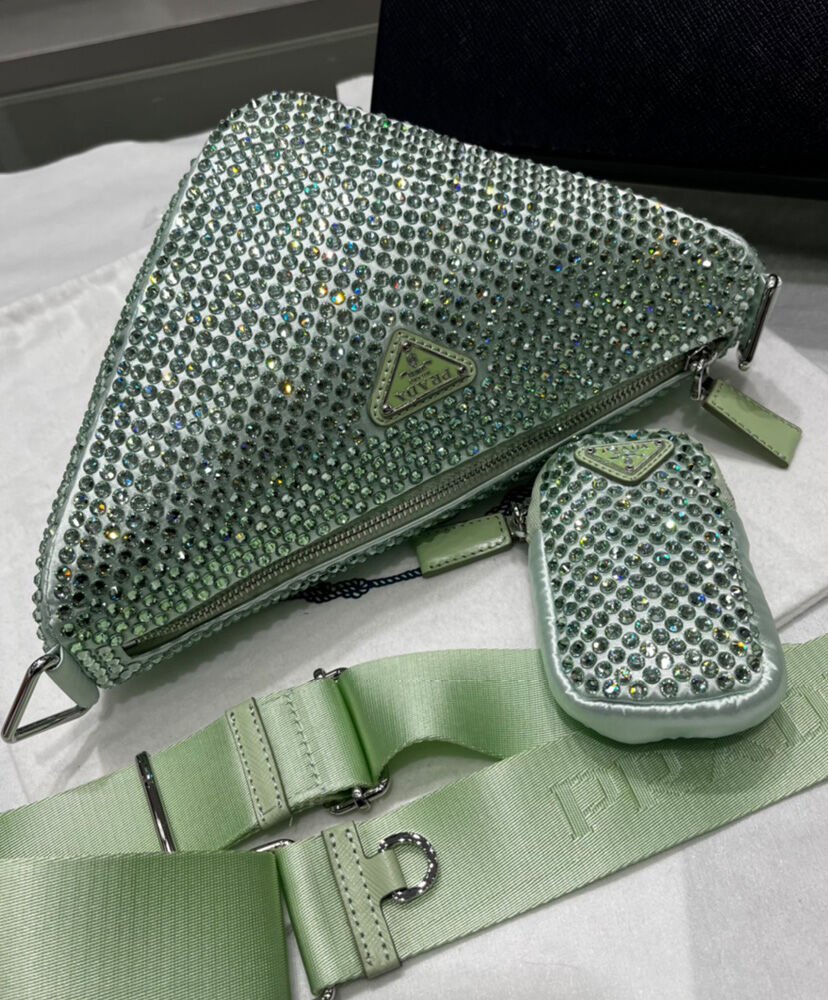 Prada Crystal-studded Satin Pouch 1NQ044 Green - Image 6