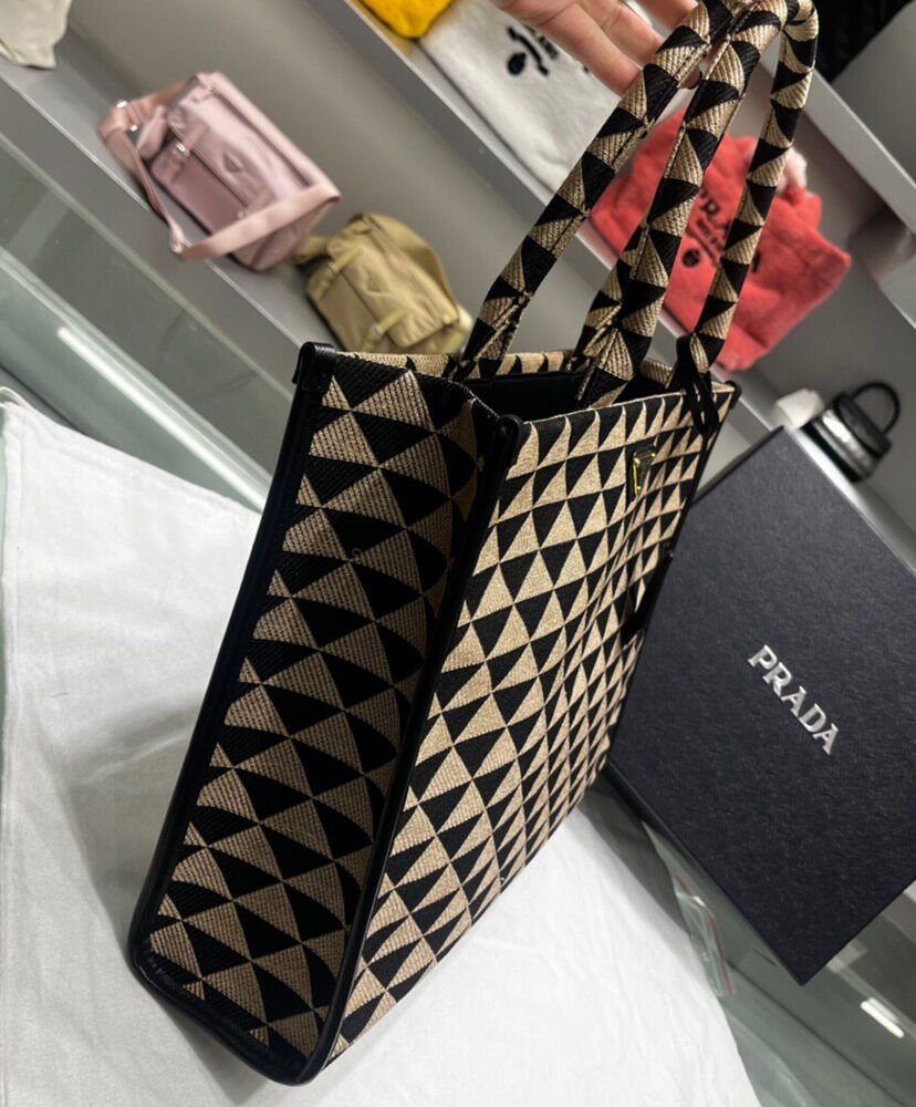 Prada Large Symbole Jacquard Fabric Handbag Black - Image 4