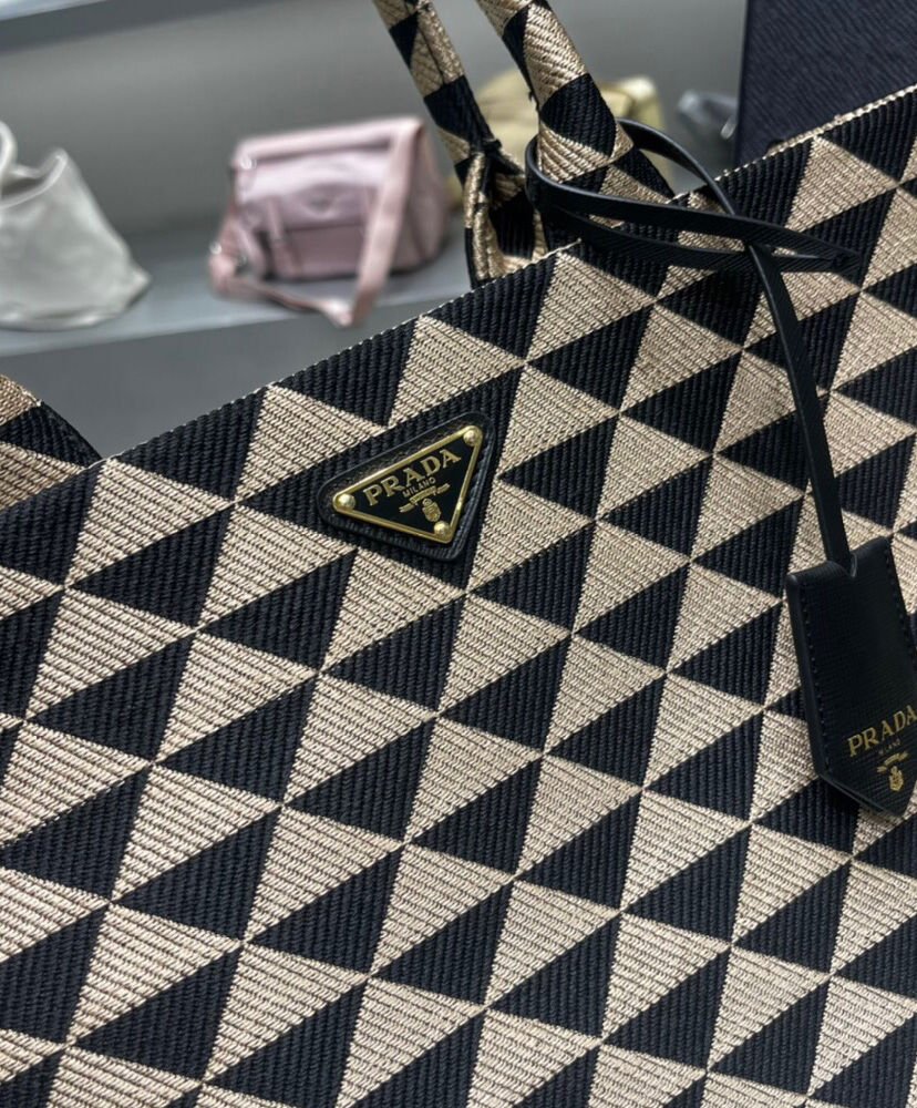 Prada Large Symbole Jacquard Fabric Handbag Black - Image 6