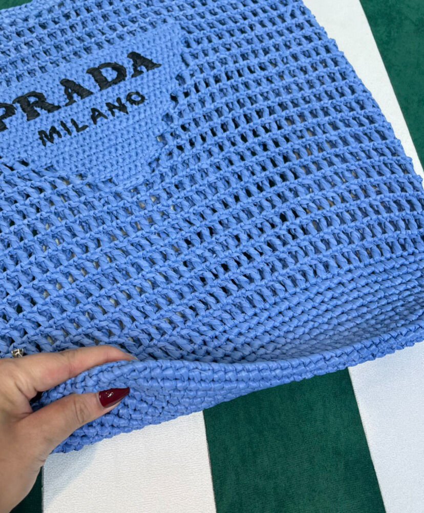 Prada Raffia Tote Bag Blue - Image 6