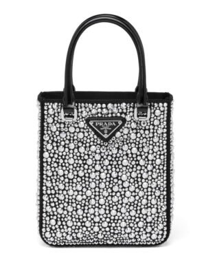 Prada Small crystal-studded satin tote bag 1BA331 Black
