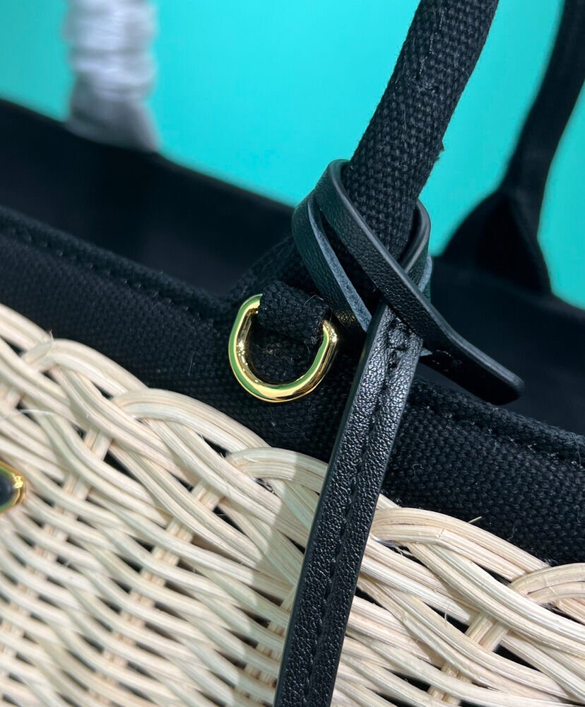 Prada Wicker And Canvas Tote 1BG835 Black - Image 8