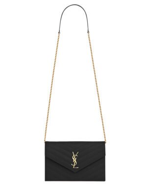 Saint Laurent Envelope Chain Wallet In Grain De Poudre Embossed Leather Black