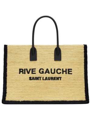 Saint Laurent Rive Gauche Tote Bag In Raffia And Leather Apricot