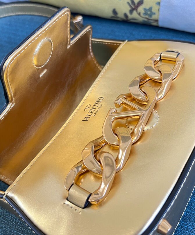 Valentino Vlogo Chain Small Laminated Nappa Shoulder Bag Golden - Image 6