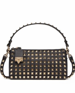 Valentino Small Rockstud Grainy Calfskin Crossbody Bag With All-Over Studs Black