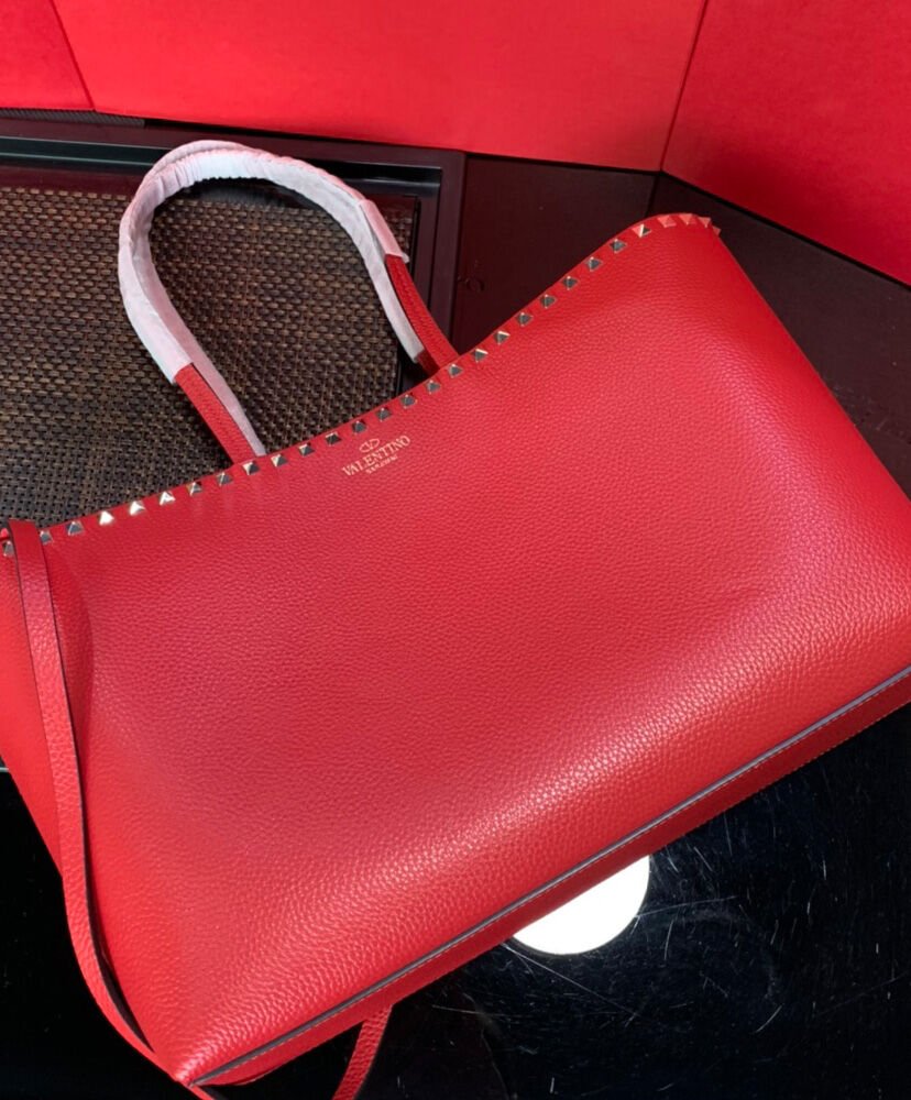 Valentino Large Calfskin Leather Rockstud Shopping Bag Red - Image 4