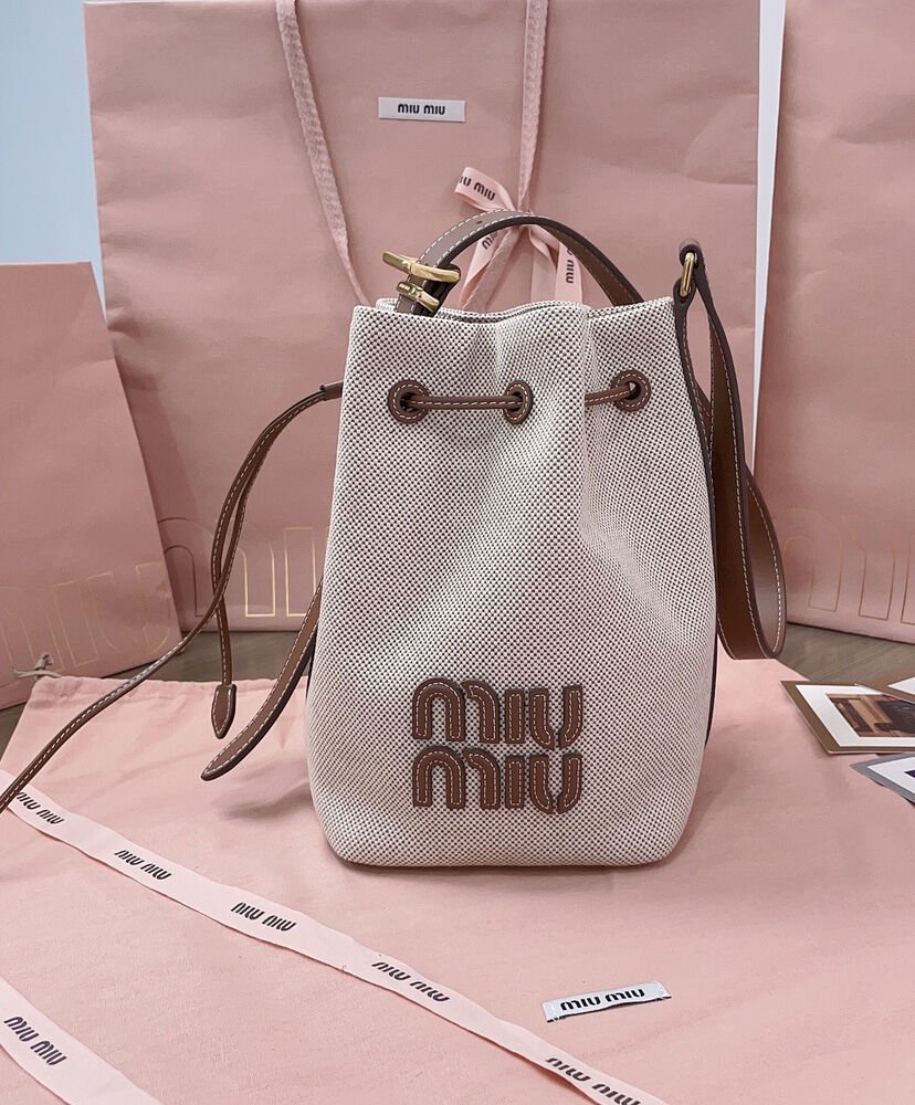 Miumiu Canvas And Leather Bucket Bag 5BE090 Coffee - Image 2