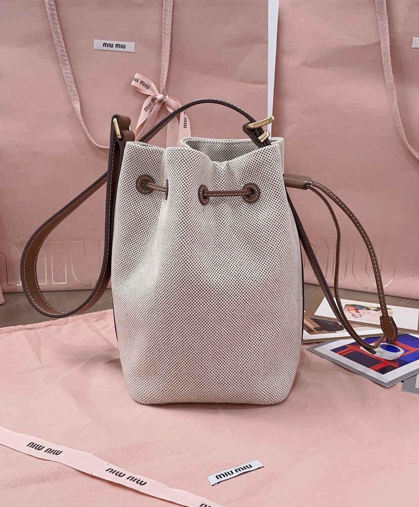 Miumiu Canvas And Leather Bucket Bag 5BE090 Coffee - Image 5